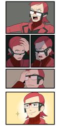 Rule 34 | 10s, 1boy, adjusting eyewear, comic, creatures (company), game freak, glasses, gojya, male focus, maxie (pokemon), maxie (pokemon oras), nintendo, pokemon, pokemon oras, red hair, ribbed sweater, short hair, silent comic, smile, solo, sweater, team magma, uniform, upper body, wide-eyed