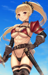 Rule 34 | 1girl, abs, arm wrap, armor, belt, bikini, bikini armor, black bikini, black choker, black scrunchie, blonde hair, blue sky, blunt bangs, blush, boots, breasts, brown belt, brown footwear, brown gloves, choker, cleavage, closed mouth, cloud, collarbone, commentary request, cowboy shot, floating hair, gloves, groin, hair ornament, hair scrunchie, hand on own hip, highres, holding, holding sword, holding weapon, long hair, looking at another, medium breasts, mole, mole under eye, navel, original, ponytail, red bikini, red eyes, scar, scar on arm, scrunchie, shoulder armor, sidelocks, single bare shoulder, skindentation, sky, smile, solo, standing, stomach, swimsuit, sword, thigh boots, thigh strap, thighhighs, underboob, unsheathed, warrior, watanuki kaname, weapon