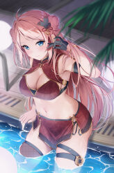 Rule 34 | &gt;:), 1girl, absurdres, ahoge, arm at side, arm strap, bare shoulders, bikini, bikini skirt, black gloves, blue eyes, blurry, blurry background, blurry foreground, blush, breasts, brown thighhighs, butterfly hair ornament, chair, chinese clothes, cleavage, closed mouth, commentary request, cowboy shot, depth of field, double bun, fingernails, fishnet thighhighs, fishnets, from above, gloves, hair bun, hair ornament, half gloves, hand up, highres, large breasts, long hair, looking at viewer, looking up, lounge chair, love live!, love live! nijigasaki high school idol club, navel, oku 1225, paid reward available, pink hair, pool, poolside, red bikini, side-tie peek, side slit, sidelocks, single glove, single thighhigh, sitting, smile, soaking feet, solo, stomach, swept bangs, swimsuit, tassel, tassel hair ornament, thigh strap, thighhighs, v-shaped eyebrows, very long hair, water, wet, zhong lanzhu