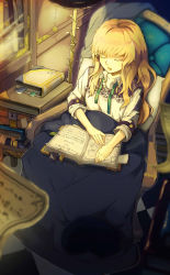 Rule 34 | 1girl, absurdres, black skirt, blonde hair, book, book stack, bookmark, casual, cat, chair, checkered floor, collared shirt, drooling, closed eyes, gan ma, hair down, highres, indoors, kirisame marisa, lamp, lamppost, lampshade, lock, long sleeves, no headwear, no headwear, open mouth, shelf, shirt, sitting, skirt, sleeping, sleeves rolled up, solo, touhou, unbuttoned, wavy hair, white shirt