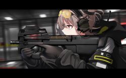 Rule 34 | 1girl, absurdres, black gloves, black jacket, blurry, blurry background, border, brown hair, bullpup, closed mouth, earmuffs, eyewear on head, from side, girls&#039; frontline, gloves, gun, highres, holding, holding gun, holding weapon, indoors, jacket, letterboxed, long sleeves, p90, p90 (girls&#039; frontline), personal defense weapon, red eyes, rynn (rynn cube), safety glasses, solo, submachine gun, tinted eyewear, weapon, yellow-tinted eyewear