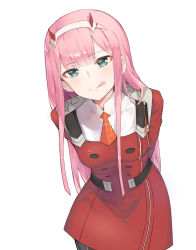 Rule 34 | 10s, 1girl, :q, absurdres, aqua eyes, breasts, cowboy shot, darling in the franxx, dress, hairband, highres, horns, leaning forward, long hair, looking at viewer, medium breasts, necktie, orange necktie, pink hair, red dress, short necktie, simple background, solo, sparkle, standing, tongue, tongue out, very long hair, white background, white hairband, zero two (darling in the franxx)