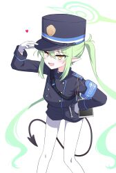 Rule 34 | 1girl, absurdres, black hat, black jacket, black shorts, black tail, blue archive, blush, demon tail, fang, feet out of frame, gloves, green hair, hair between eyes, hat, heart, nozomi (blue archive), highres, jacket, kiroshi, korean commentary, long hair, long sleeves, looking at viewer, open mouth, pantyhose, peaked cap, shorts, simple background, skin fang, smile, solo, tail, twintails, white background, white gloves, white pantyhose, yellow eyes