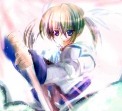 Rule 34 | 00s, 1girl, blue eyes, brown hair, dress, expressionless, hair between eyes, long sleeves, looking at viewer, lyrical nanoha, magical girl, mahou shoujo lyrical nanoha, raising heart, short hair, simple background, solo, takamachi nanoha, twintails, upper body, white background, white dress