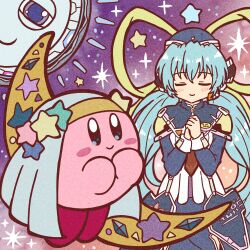 Rule 34 | 1girl, absurdres, blue eyes, blue hair, blush, closed mouth, crossover, dress, green eyes, hair ribbon, hat, highres, hoshino yumemi, kirby, kirby: planet robobot, kirby (series), long hair, long sleeves, low twintails, marihei64ds, necktie, nintendo, no humans, planetarian, praying, red necktie, ribbon, robot ears, skirt, smile, star (symbol), star dream, twintails, very long hair