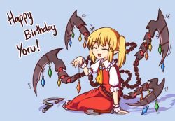Rule 34 | ..., 1girl, :d, ?, ^ ^, arm support, ascot, blonde hair, blood, bloody weapon, blue background, brooch, chain, closed eyes, commentary, crystal, dota (series), dota 2, eighth note, english commentary, fang, flandre scarlet, flying sweatdrops, frilled shirt collar, frills, full body, hand up, happy birthday, holding, jewelry, musical note, no headwear, open mouth, petticoat, pointy ears, puffy short sleeves, puffy sleeves, red skirt, red vest, short sleeves, side ponytail, simple background, sitting, skirt, smile, solo, spoken ellipsis, spoken musical note, spoken question mark, touhou, vest, weapon, wing collar, wings, wool (miwol), wrist cuffs, yellow ascot