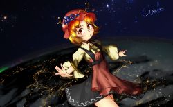 Rule 34 | 1girl, aki minoriko, aurora, earth (planet), flying, looking at viewer, outstretched hand, planet, solo, space, star (sky), touhou, welt (kinsei koutenkyoku)