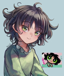 Rule 34 | 1girl, black hair, blush, buttercup (ppg), buttercup redraw challenge (meme), collar, derivative work, frilled collar, frills, green eyes, green pajamas, highres, long sleeves, looking at viewer, meme, pajamas, powerpuff girls, reference inset, reference photo, screenshot inset, screenshot redraw, shadow, short hair, signature, smile, solo, wszkii