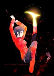 Rule 34 | 1girl, arms up, black background, black hair, black pants, blade, blood, boots, breasts, dated, energy blade, english text, full body, glowing, jacket, kicking, kitora ai, knee boots, knee up, leg up, long sleeves, looking at viewer, nuraimu e, pants, profile, prosthesis, prosthetic leg, red footwear, red jacket, running blades, shards, short hair, solo, tight clothes, tight pants, twitter username, world trigger