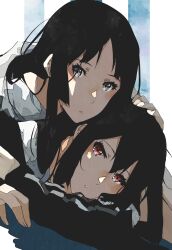 Rule 34 | 2girls, akiyama mio, black hair, closed mouth, commentary request, grey eyes, hand on another&#039;s head, highres, k-on!, kataru (ubw-emiya), long hair, looking at viewer, lying, multiple girls, nakano azusa, on stomach, red eyes, sidelocks, twintails