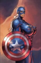 Rule 34 | 1girl, abs, artist request, bad anatomy, blonde hair, blue eyes, bodysuit, breasts, captain america, closed mouth, covered erect nipples, cowboy shot, feather hair, feet out of frame, from side, genderswap, genderswap (mtf), holding, holding shield, huge breasts, impossible clothes, large areolae, long hair, looking at viewer, muscular, muscular female, non-web source, parody, shield, skin tight, standing, star (symbol)