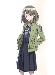 Rule 34 | &gt;:t, 10s, 1girl, :t, alternate costume, black dress, blue eyes, brown hair, casual, clothes writing, dress, earrings, hands in pockets, jacket, jewelry, kantai collection, kirusu, looking at viewer, maya (kancolle), pantyhose, short hair, sketch, solo, v-shaped eyebrows