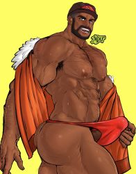 Rule 34 | 1boy, armpit hair, ass, bara, bare pectorals, bare shoulders, beard, black headwear, blush, briefs, bulge, chest hair, coat, commentary, creatures (company), erection, erection under clothes, expedition uniform, facial hair, feet out of frame, fur-trimmed coat, fur trim, game freak, green eyes, hairy, highres, jaderarts, large pectorals, leg hair, male focus, male pubic hair, male underwear, mustache, navel, navel hair, nintendo, nipples, open clothes, open coat, orange coat, pectorals, penis, penis peek, peony (pokemon), pokemon, pokemon swsh, pubic hair, red briefs, red male underwear, smile, solo, thick thighs, thighs, underwear, undressing, veins