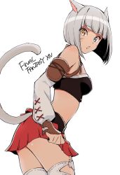 Rule 34 | animal ears, blue eyes, breasts, cat day, cat ears, cat tail, cowboy shot, crop top, dark-skinned female, dark skin, detached sleeves, facial hair, final fantasy, final fantasy xiv, from side, harness, heterochromia, miniskirt, miqo&#039;te, nonaka nono, short hair, silver hair, skirt, sleeves past wrists, small breasts, solo, strapless, tail, thighhighs, tube top, white thighhighs, yellow eyes