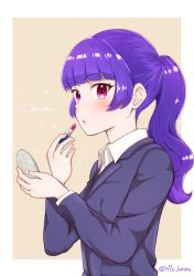 Rule 34 | 1girl, alternate hairstyle, applying makeup, bad id, bad pixiv id, blue hair, blush, business suit, character name, cosmetics, formal, from side, hand mirror, highres, holding, holding mirror, lipstick tube, long hair, looking at viewer, mirror, ootori chacha, ponytail, puckered lips, purple eyes, solo, sparkle, suit, t7s-kuroro, tan background, tokyo 7th sisters, twitter username, upper body