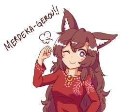 Rule 34 | 1girl, ;), puff of air, alternate costume, animal ear fluff, animal ears, blush stickers, breasts, brooch, brown hair, clenched hand, collarbone, commentary, english commentary, hair between eyes, hand up, imaizumi kagerou, jewelry, long hair, long sleeves, looking at viewer, medium breasts, one eye closed, pun, red eyes, red shirt, shirt, simple background, smile, solo, touhou, upper body, white background, wolf ears, wool (miwol)
