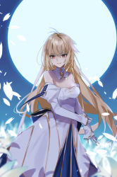 Rule 34 | 1girl, absurdres, archetype earth, arcueid brunestud, bare shoulders, blonde hair, blue skirt, blush, breasts, cleavage, detached collar, detached sleeves, dress, fate/grand order, fate (series), full moon, gloves, highres, large breasts, layered skirt, long hair, long skirt, looking at viewer, moon, night, night sky, red eyes, skirt, sky, smile, solo, teizen (niwamaee), tsukihime, very long hair, white dress, white gloves