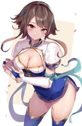 Rule 34 | 1girl, blue dress, blue shorts, blue thighhighs, blush, breasts, bright pupils, chai xianghua, cleavage, closed mouth, contrapposto, cowboy shot, dress, highres, large breasts, looking at viewer, orange eyes, own hands together, petals, racket ti1, short dress, short sleeves, shorts, shrug (clothing), sidelocks, smile, solo, soul calibur, soulcalibur, soulcalibur vi, thighhighs, two-tone background, white background, yellow background, zettai ryouiki