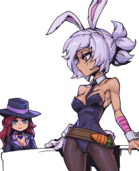 Rule 34 | 2girls, animal ears, bandaged arm, bandages, bare shoulders, battle bunny riven, belt, black choker, black headwear, black necktie, breasts, brown belt, carrot, choker, cleavage, collarbone, covered navel, cowboy shot, crime city miss fortune, detached collar, freckles, grey hair, heart, league of legends, leotard, long hair, looking at another, miss fortune (league of legends), multiple girls, necktie, pantyhose, phantom ix row, playboy bunny, ponytail, rabbit ears, red hair, riven (league of legends), smile, standing
