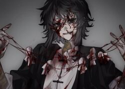 1boy aosadekuermanpifa bandaged_arm bandaged_neck bandages black_eyes black_hair black_jacket blood blood_in_hair blood_on_clothes blood_on_face blood_on_hands blood_on_neck bloody_bandages cat&#039;s_cradle chinese_commentary commentary_request facial_tattoo grey_background grin hands_up highres jacket low-tied_sidelocks male_focus open_clothes open_jacket paper_doll paper_doll_chain shirt short_hair_with_long_locks sidelocks sleeves_rolled_up smile solo tattoo touqi_guaitan upper_body white_shirt ziche_fuzhao