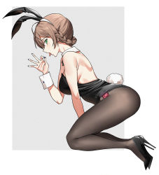 Rule 34 | 1girl, animal ears, bare shoulders, black footwear, black leotard, black pantyhose, blue nails, blush, braid, breasts, brown hair, comic, condom, condom wrapper, detached collar, fake animal ears, fake tail, fellatio gesture, from side, full body, green eyes, hairband, high heels, highres, idolmaster, idolmaster million live!, idolmaster million live! theater days, kneeling, leotard, looking at viewer, looking to the side, medium breasts, nail polish, nakamura rohane, open mouth, pantyhose, playboy bunny, profile, rabbit ears, rabbit tail, sakuramori kaori, short hair, sideways glance, solo, tail, tongue, tongue out, two-tone background, white hairband, wrist cuffs