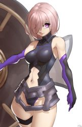Rule 34 | 1girl, absurdres, armor, armored leotard, bare shoulders, black armor, black leotard, breastplate, closed mouth, clothing cutout, commentary, detached sleeves, elbow gloves, english commentary, fate/grand order, fate (series), gloves, hair over one eye, highres, holding, holding shield, holding weapon, leotard, lips, looking at viewer, mash kyrielight, navel, one eye covered, pink hair, pink lips, purple eyes, shield, short hair, signature, simple background, smile, solo, thighs, weapon, white background, x xith x
