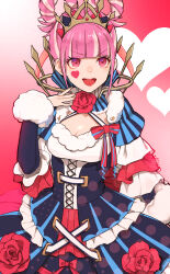 Rule 34 | 1girl, breasts, cross-laced clothes, cross-laced dress, dress, facial mark, fire emblem, fire emblem engage, flower, folded twintails, hair rings, heart, heart facial mark, highres, hortensia (fire emblem), medium breasts, nintendo, pink eyes, pink hair, red flower, red rose, rose, solo, striped clothes, striped dress, tiara, vertical-striped clothes, vertical-striped dress, yachimata 1205