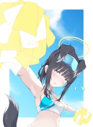 Rule 34 | 1girl, animal ears, armpits, bare shoulders, black hair, blue archive, blue eyes, blush, breasts, character name, cheerleader, cleavage, crop top, day, detached collar, embarrassed, eyewear on head, from below, frown, halo, hibiki (blue archive), hibiki (cheer squad) (blue archive), highres, holding, holding pom poms, koko sokodoko, long hair, looking at viewer, looking down, midriff, millennium cheerleader outfit (blue archive), nervous, outdoors, outstretched arms, parted lips, pom pom (cheerleading), pom poms, ponytail, shirt, sleeveless, sleeveless shirt, small breasts, solo, sunglasses, tail, upper body