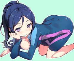 Rule 34 | 10s, 1girl, all fours, ass, blue background, blue hair, bodysuit, breasts, cleavage, clenched hand, crossed arms, diving suit, from side, green background, hanging breasts, head rest, high ponytail, knees together feet apart, long hair, looking at viewer, love live!, love live! school idol festival, love live! sunshine!!, matsuura kanan, medium breasts, naughty face, outline, parted bangs, ponytail, purple eyes, simple background, single vertical stripe, smile, solo, swept bangs, tam-u, unitard, wet, wetsuit