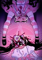 Rule 34 | 2girls, apron, black footwear, blood, blood on clothes, book, bow, cake, commentary, dress, english commentary, face down, food, frilled apron, frills, grandguignol96, highres, juliet sleeves, long hair, long sleeves, lying, magic circle, mary janes, multiple girls, on stomach, open book, original, pink background, pink bow, pink dress, puffy sleeves, shoes, sitting, sparkle, striped clothes, striped thighhighs, thighhighs, twintails, very long hair, white apron, white dress