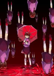 Rule 34 | 6+girls, abstract, absurdres, arms at sides, black background, blood, blood drop, braid, brown hair, clone, closed eyes, closed mouth, expressionless, facing viewer, falling, from behind, gradient background, hair over shoulder, hands up, highres, holding, holding umbrella, kneehighs, long bangs, long hair, long sleeves, madotsuki, multiple girls, no nose, pink sweater, red background, red footwear, red skirt, red umbrella, shoes, skirt, socks, splashing, standing, standing on liquid, surreal, sweater, turtleneck, turtleneck sweater, twin braids, twintails, umbrella, upside-down, white socks, yume nikki, yumekogome