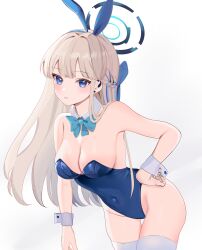 Rule 34 | 1girl, absurdres, animal ears, bare shoulders, blonde hair, blue archive, blue bow, blue eyes, blue hairband, blue leotard, blue nails, bow, bowtie, braid, breasts, covered navel, detached collar, fake animal ears, hairband, halo, highleg, highleg leotard, highres, i am love, leaning forward, leotard, long hair, medium breasts, official alternate costume, official alternate hairstyle, parted lips, playboy bunny, rabbit ears, simple background, solo, thighhighs, thighs, toki (blue archive), toki (bunny) (blue archive), very long hair, white background, white thighhighs, wrist cuffs