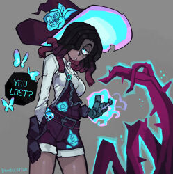 Rule 34 | 1girl, absurdres, artist name, black hair, blush, breasts, bumblesteak, commentary, dark-skinned female, dark skin, english commentary, english text, green eyes, grey background, highres, leandra (bumblesteak), long hair, looking at viewer, necromancer, nose, open mouth, original, plant, simple background, solo, vines, witch