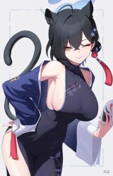 Rule 34 | 1girl, ;), absurdres, animal ear fluff, animal ears, bare shoulders, black dress, black hair, blue archive, blue jacket, breasts, china dress, chinese clothes, commentary request, cowboy shot, dhokidoki, dress, eyeshadow, grey background, highres, holding, holding mask, jacket, kaguya (blue archive), large breasts, leaning forward, looking at viewer, makeup, mask, off shoulder, one eye closed, open clothes, open jacket, short hair, side slit, sideboob, sleeveless, sleeveless dress, smile, solo, standing, tail, yellow eyes