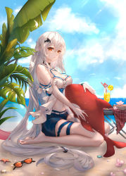 Rule 34 | 1girl, absurdres, arknights, bare arms, bare legs, bare shoulders, barefoot, beach, black choker, blue sky, breasts, choker, cleavage, cloud, commentary request, cup, day, drinking glass, drinking straw, unworn eyewear, feet, food, fruit, hair between eyes, hair ornament, highres, lemon, lemon slice, liu liaoliao, long hair, looking at viewer, medium breasts, no headwear, off-shoulder shirt, off shoulder, official alternate costume, outdoors, plant, red eyes, shirt, short shorts, shorts, silver hair, sitting, skadi (arknights), skadi (waverider) (arknights), sky, soles, solo, stomach, sunglasses, thigh strap, thighs, toes, very long hair, wariza, whale hair ornament, white shirt