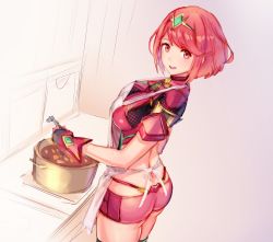 Rule 34 | 1girl, anbe yoshirou, apron, armor, ass, breasts, cooking, covered navel, earrings, fingerless gloves, gloves, headpiece, highres, hip focus, jewelry, large breasts, nintendo, pyra (xenoblade), red eyes, red hair, red shorts, short hair, short shorts, shorts, shoulder armor, swept bangs, thick thighs, thighs, tiara, wide hips, xenoblade chronicles (series), xenoblade chronicles 2