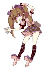 Rule 34 | 1girl, ahoge, belt, brown hair, checkered clothes, checkered skirt, collared shirt, geta, hair ribbon, hat, himekaidou hatate, long hair, necktie, ngayope, pointy ears, pouch, puffy short sleeves, puffy sleeves, purple eyes, ribbon, shirt, short sleeves, skirt, socks, solo, tengu-geta, tokin hat, touhou, twintails, wavy mouth, white background