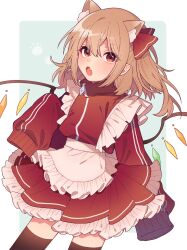 Rule 34 | 1girl, alternate costume, animal ear fluff, animal ears, apron, black thighhighs, blonde hair, blush, crystal, enmaided, fang, flandre scarlet, frilled apron, frilled skirt, frills, highres, jersey maid, long hair, maid, maid apron, one side up, open mouth, red eyes, red skirt, skin fang, skirt, sleeves past fingers, sleeves past wrists, solo, thighhighs, touhou, touya (konpekitou), unconventional maid, waist apron, white apron, wings
