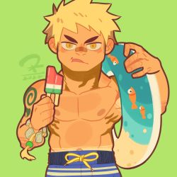 Rule 34 | 1boy, :q, all saints street (style), arm tattoo, bandaid, bandaid on face, bandaid on nose, bara, blonde hair, blue male swimwear, character request, chibi, cowboy shot, dk (den ai d), green background, highres, innertube, looking at viewer, male focus, male swimwear, muscular, muscular male, parody, pectorals, popsicle stick, short hair, sideburns, simple background, solo, style parody, swim ring, swim trunks, tan, tanline, tattoo, tokyo houkago summoners, tongue, tongue out, topless male, upper body, wansheng jie