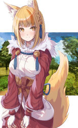 Rule 34 | 1girl, animal ear fluff, animal ears, blonde hair, breasts, closed mouth, cropped jacket, fingerless gloves, fire emblem, fire emblem fates, fox ears, fox girl, fox tail, fur collar, fuussu (21-kazin), gloves, hair ornament, highres, jacket, japanese clothes, kimono, medium breasts, multicolored hair, nintendo, open clothes, open jacket, orange hair, red jacket, selkie (fire emblem), short hair, smile, solo, split mouth, streaked hair, tail, tail raised, tassel, two-tone hair, white gloves, white kimono, yellow eyes