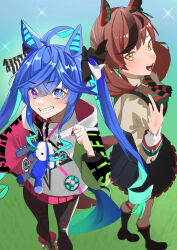 Rule 34 | 2girls, absurdres, ahoge, animal ears, blue eyes, blue hair, boots, bow, brown footwear, buttons, clenched hand, clothing cutout, double-breasted, dress, ear covers, gradient hair, green bow, grin, heterochromia, highres, hood, hood down, hoodie, horse ears, horse girl, horse tail, jitome no tsugumi, long hair, looking at viewer, multicolored clothes, multicolored hair, multicolored hoodie, multiple girls, nice nature (umamusume), open mouth, pinafore dress, pleated skirt, purple eyes, red bow, red hair, sharp teeth, skirt, sleeveless, sleeveless dress, smile, streaked hair, striped, striped bow, stuffed animal, stuffed toy, tail, tail through clothes, teeth, twin turbo (umamusume), twintails, umamusume, upper teeth only, very long hair, waving