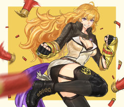 Rule 34 | 1girl, ammunition, arm cannon, blonde hair, boots, breasts, clenched hands, combat boots, drill (emilio), ember celica (rwby), fingerless gauntlets, fingerless gloves, garter straps, gloves, grin, gun, jewelry, knee pads, long hair, medium breasts, pendant, purple eyes, rwby, shell casing, shotgun, shotgun shell, skirt, smile, solo, thighhighs, very long hair, weapon, wrist gun, yang xiao long