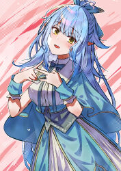 Rule 34 | 1girl, blue hair, capelet, cruzango0510, hololive, long hair, looking at viewer, open mouth, pointy ears, solo, standing, virtual youtuber, yellow eyes, yukihana lamy