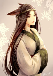 Rule 34 | 1girl, animal ears, artist name, black hair, breasts, brown eyes, commentary request, eyelashes, hands in opposite sleeves, head wreath, hi no tori, highres, japanese clothes, light particles, long hair, long sleeves, looking at viewer, marimo (hi no tori), parted lips, red lips, satochi (1122), solo, upper body, very long hair, wide sleeves, wolf ears