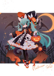 Rule 34 | 1girl, :3, animal ear fluff, animal ears, bat wings, black bow, black hat, black pantyhose, black wings, blue hair, blurry, blurry background, bow, box, closed mouth, commentary request, crescent moon, depth of field, detached wings, dress, fence, full body, gift, gift box, glowing, hair between eyes, hair bow, hair ornament, hairclip, halloween, halloween bucket, hat, hatsune miku, highres, holding, jack-o&#039;-lantern, kemonomimi mode, long hair, long sleeves, looking at viewer, moon, night, night sky, nishina hima, orange eyes, pantyhose, shoes, skull, sky, solo, tail, twintails, very long hair, vocaloid, white dress, white footwear, wide sleeves, wings, witch hat, x hair ornament