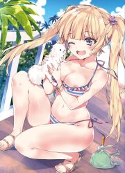 Rule 34 | 1girl, ;d, ahoge, anapom, animal, bare arms, bare legs, bare shoulders, bear hair ornament, bikini, blonde hair, blue sky, blunt bangs, blush, bracelet, breasts, cleavage, cloud, cloudy sky, collarbone, cropped, day, dengeki moeou, dog, fang, feet, fingernails, frilled bikini, frills, hair ornament, hairclip, highres, holding, holding animal, jewelry, large breasts, leaf, long hair, nail polish, navel, nipple slip, nipples, non-web source, one eye closed, open mouth, original, outdoors, pink nails, purple eyes, sandals, scan, side-tie bikini bottom, sky, smile, solo, squatting, stomach, striped bikini, striped clothes, swimsuit, toenail polish, toenails, toes, tree, twintails