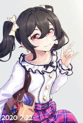 Rule 34 | 1girl, artist name, artist request, bag, black hair, blush, bow, breasts, carrying bag, checkered clothes, checkered skirt, collarbone, earrings, female focus, hair bow, heart, heart earrings, jewelry, looking at viewer, love live!, love live! school idol festival, love live! school idol project, parted lips, purple skirt, red eyes, shirt, short hair, skirt, small breasts, smile, solo, twintails, white shirt, yazawa nico, yellow skirt, zero fantasy (pixiv14559332)