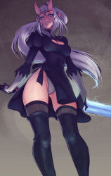Rule 34 | 1girl, absurdres, black dress, black thighhighs, blue eyes, borrowed character, breasts, cleavage cutout, clothing cutout, colored skin, cosplay, dress, feather-trimmed sleeves, feet out of frame, grey hair, highleg, highleg leotard, highres, horns, juliet sleeves, leotard, long hair, long sleeves, looking at viewer, medium breasts, nier:automata, nier (series), original, parted lips, pink skin, pointy ears, puffy sleeves, raichiyo33, smile, solo, sword, thighhighs, very long hair, weapon, white leotard, 2b (nier:automata), 2b (nier:automata) (cosplay)