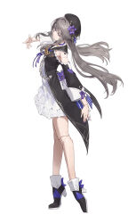 Rule 34 | 1girl, arm at side, arm up, beret, black footwear, black hat, black shirt, boots, clothing cutout, cotta (heleif), doll joints, dress, floating hair, flower, full body, grey hair, hair flower, hair intakes, hair ornament, hat, head tilt, herta (honkai: star rail), high heel boots, high heels, highres, honkai: star rail, honkai (series), joints, long hair, long sleeves, looking at viewer, low twintails, neck ribbon, open clothes, open shirt, profile, purple eyes, purple flower, purple ribbon, ribbon, shirt, short dress, shoulder cutout, sideways glance, simple background, solo, twintails, white background, white dress