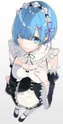 Rule 34 | 10s, apron, arm at side, black dress, black footwear, blue eyes, blue hair, blunt bangs, blush, breasts, cleavage, closed mouth, detached collar, detached sleeves, dress, foreshortening, from above, full body, hair ornament, hair over one eye, hair ribbon, hairband, highres, kayahara, long sleeves, looking at viewer, looking up, mary janes, medium breasts, purple ribbon, re:zero kara hajimeru isekai seikatsu, rem (re:zero), ribbon, shiny skin, shoes, short hair, simple background, smile, solo, standing, waist apron, white apron, white background, white legwear, wide sleeves, x hair ornament